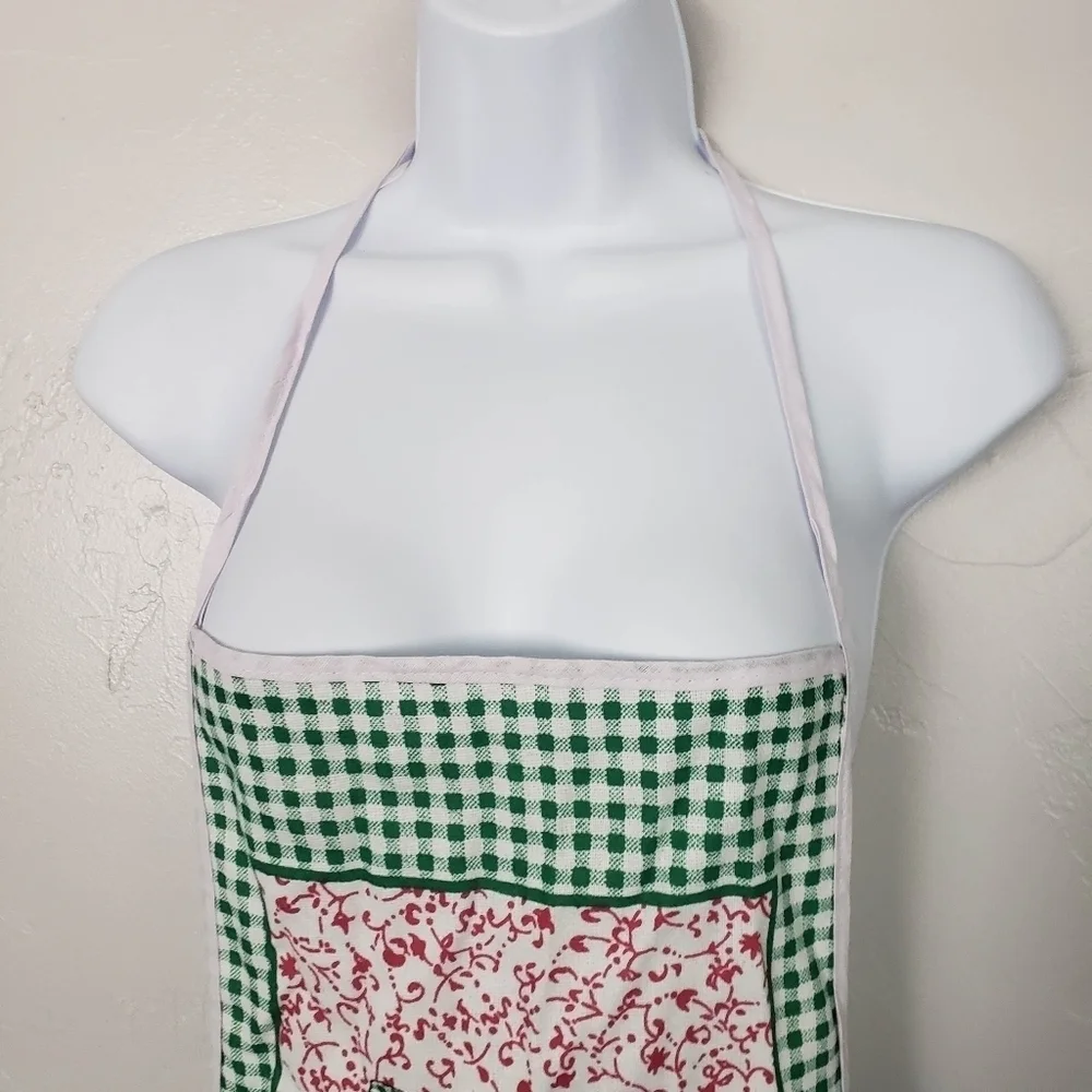 Vintage Apron Smock Green Gingham Plaid Red Apples Clock Yellow Fall Harvest